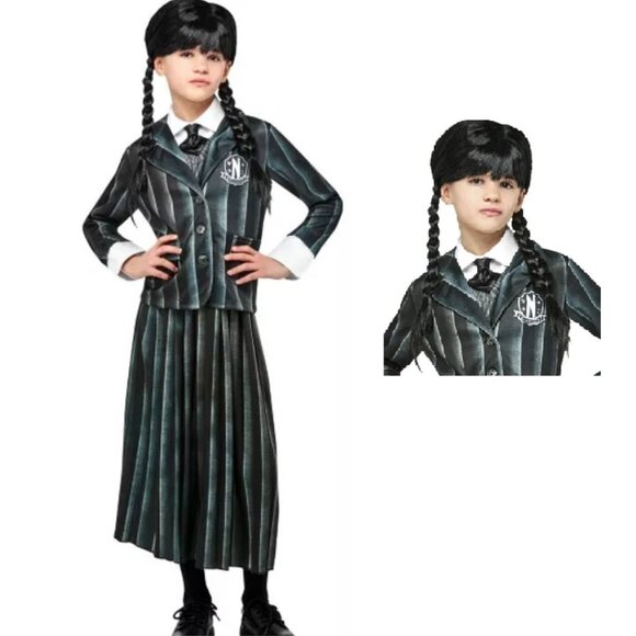 Wednesday Addams Wig & Halloween Costume 7/8 School Uniform 4 Pc Girls Deluxe - Picture 1 of 11